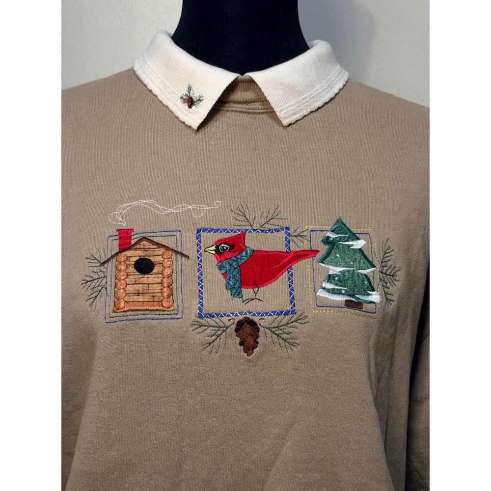 Vintage Top Stitch Sweatshirt Large Morning Sun Cardinal Embroidered Tan Collar